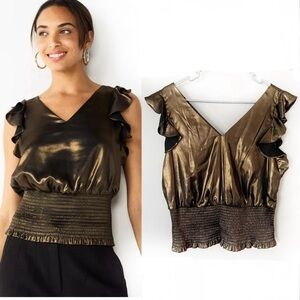 Nine West Metallic Brown Smocked Hem Ruffle Top Sleeveless Large Party Glam Chic